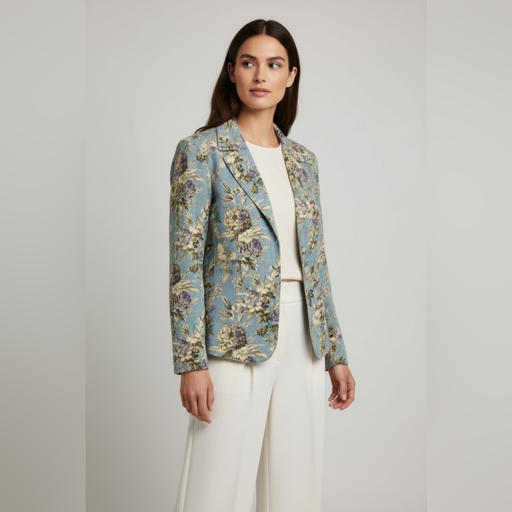 Vintage‎ French Dressing Floral Denim Jacket Button Front Blazer Blue Small
